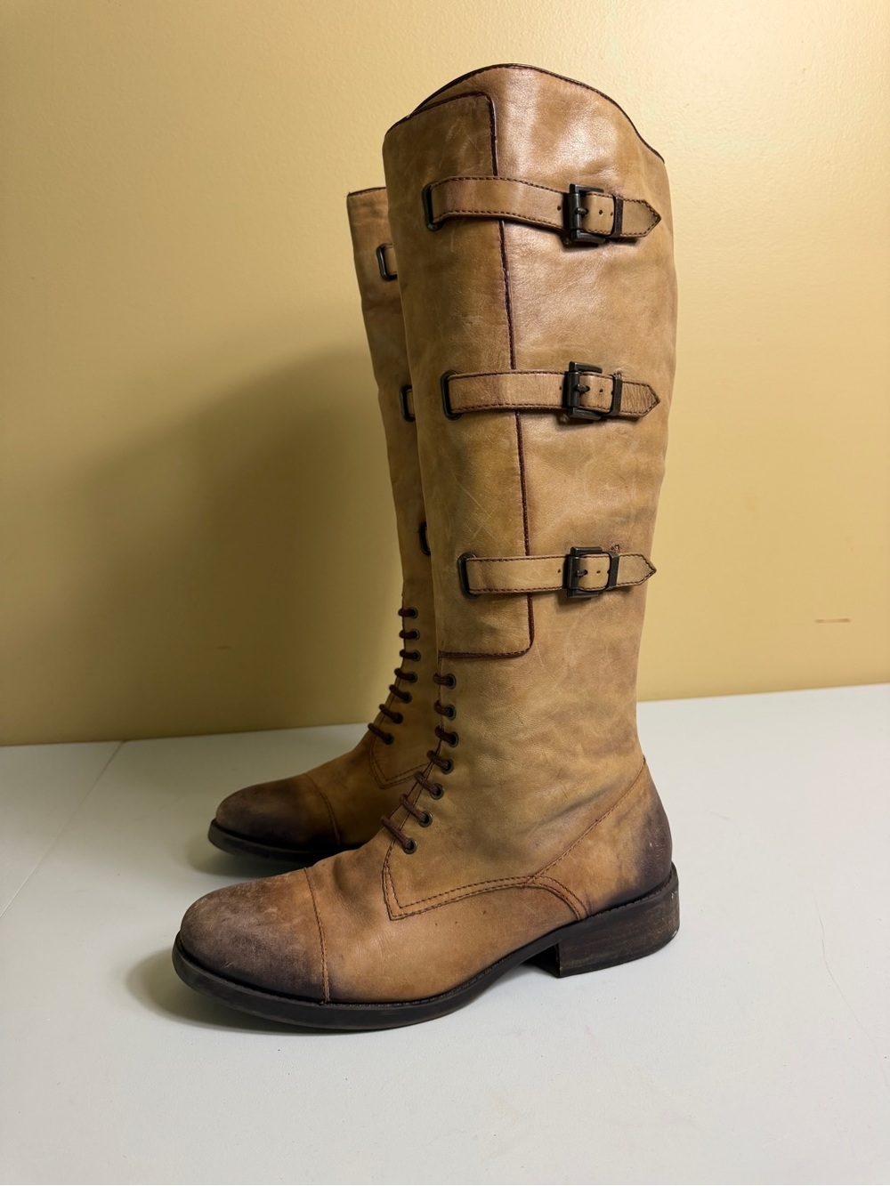Vince Camuto Fenton Brown Leather Triple Buckle Riding Boots Size 9.5